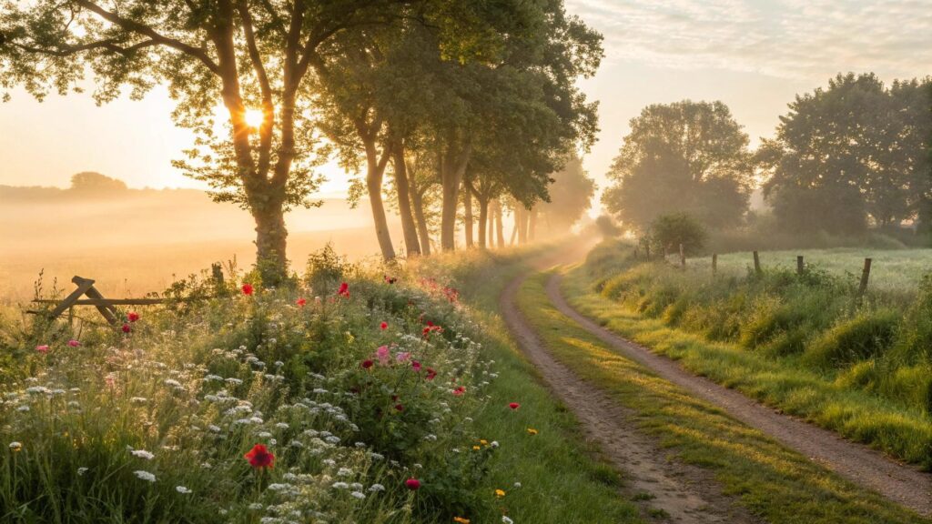 Paisagem tranquila de manhã com luz dourada e atmosfera serena para um domingo abençoado