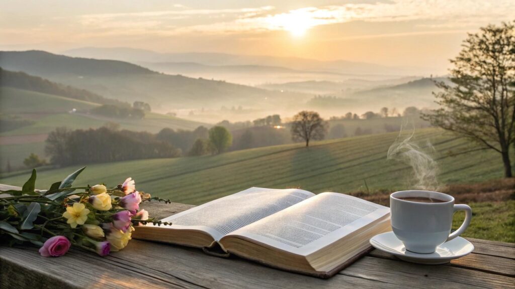Mensagem de bom dia abençoado para quarta-feira com paisagem ao amanhecer, Bíblia aberta e atmosfera inspiradora