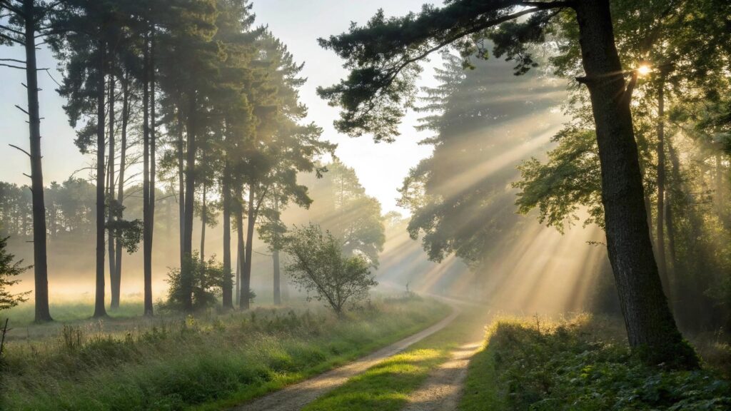 Imagem de uma manhã abençoada em uma floresta serena com luz suave e atmosfera de paz interior
