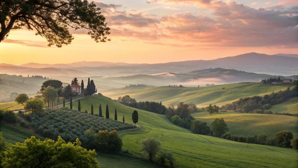 Mensagem de bom dia abençoado para quinta-feira com paisagem serena e luz suave ao amanhecer
