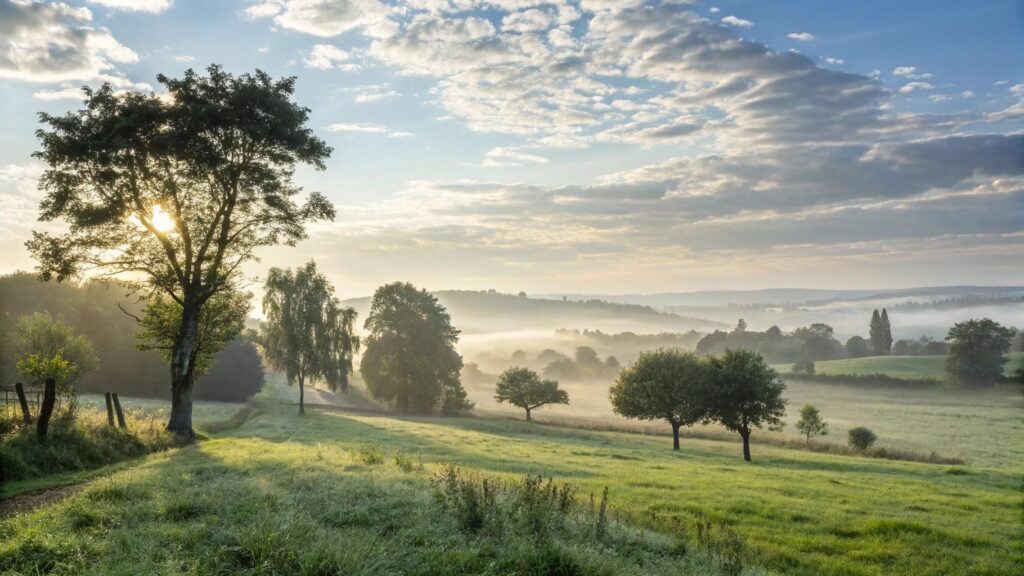 Paisagem serena ao amanhecer transmitindo fé, paz interior e inspiração positiva