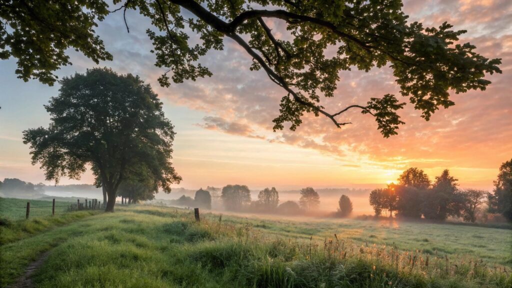 paisagem serena de um amanhecer abençoado em 13 de junho de 2025 com luz suave e atmosfera de fé