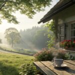 Imagem de um amanhecer tranquilo em um domingo com luz suave, casa rústica acolhedora e atmosfera de fé, esperança e amor