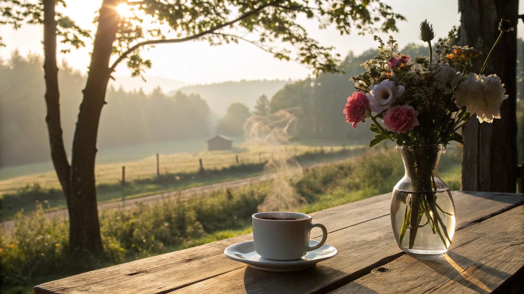 Cenário sereno de manhã com luz suave, xícara de café fumegante e vaso de flores sobre mesa de madeira