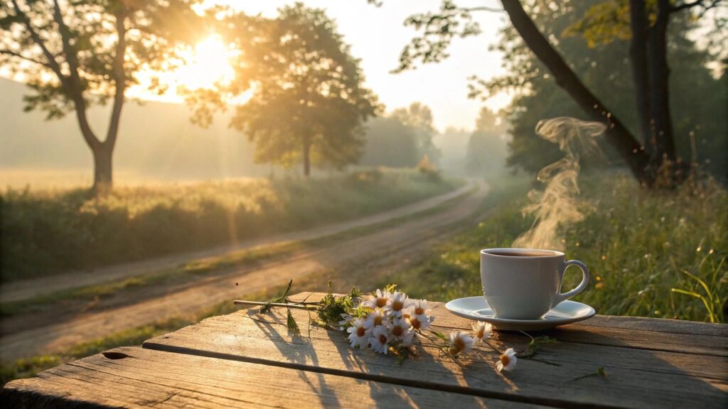 Cena de manhã aconchegante no campo em uma quarta-feira com luz suave, café e flores