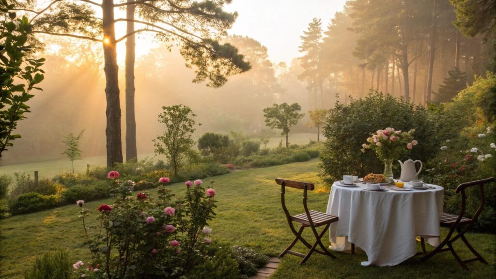 Cenário tranquilo de manhã com luz suave e mesa de café em jardim, transmitindo carinho e inspiração