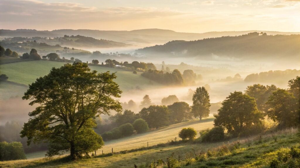 paisagem serena de manhã de sábado com luz suave, natureza tranquila e atmosfera acolhedora que transmite paz e inspiração