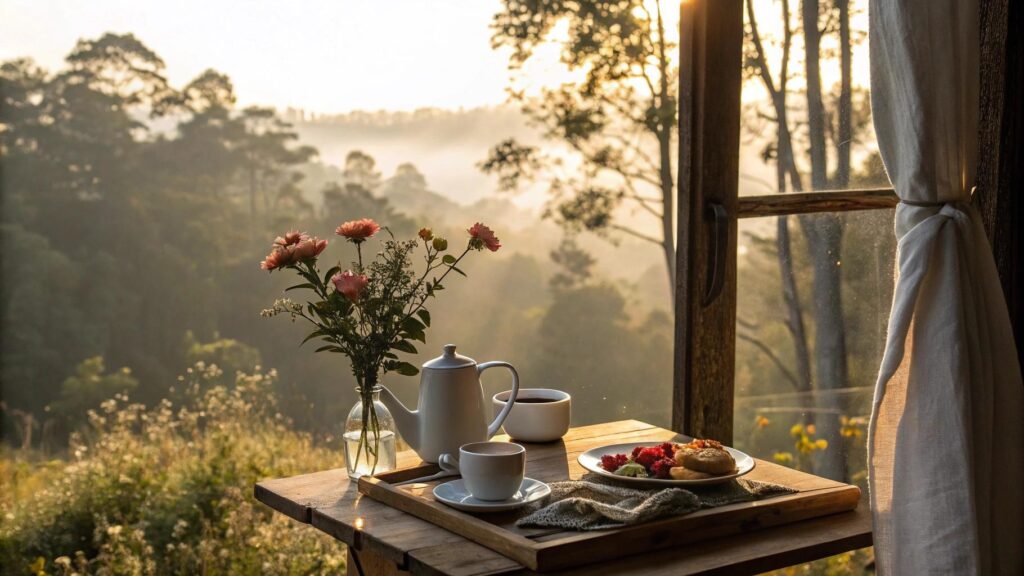 Cena de manhã tranquila com luz suave, café da manhã acolhedor e clima de paz para sábado 28/06/2025