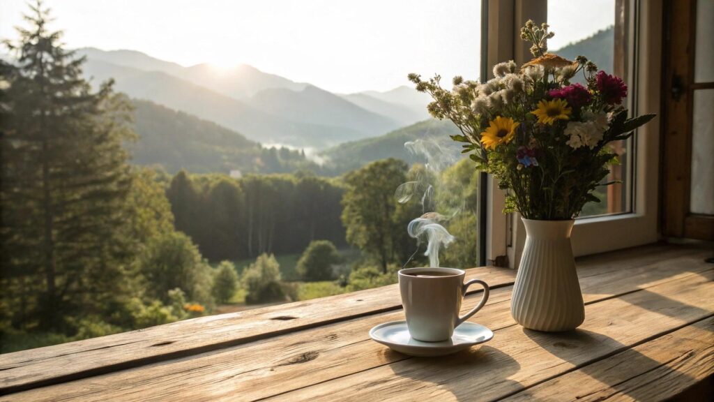 Cena serena de manhã com luz suave, café na mesa e flores, transmitindo fé, esperança e inspiração