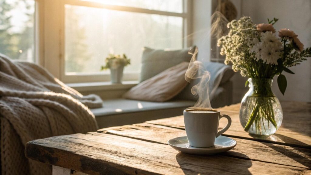 Cena tranquila de manhã com luz suave, café quente na mesa e flores delicadas transmitindo carinho