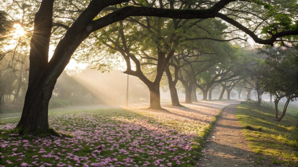 paisagem tranquila de manhã com luz suave, flores ao vento e natureza serena transmitindo fé, inspiração e carinho