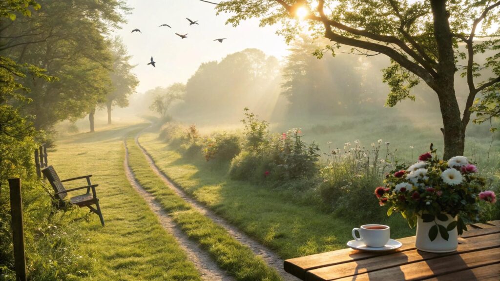 Paisagem serena de manhã com luz suave, jardim florido e uma xícara de café transmitindo carinho e positividade