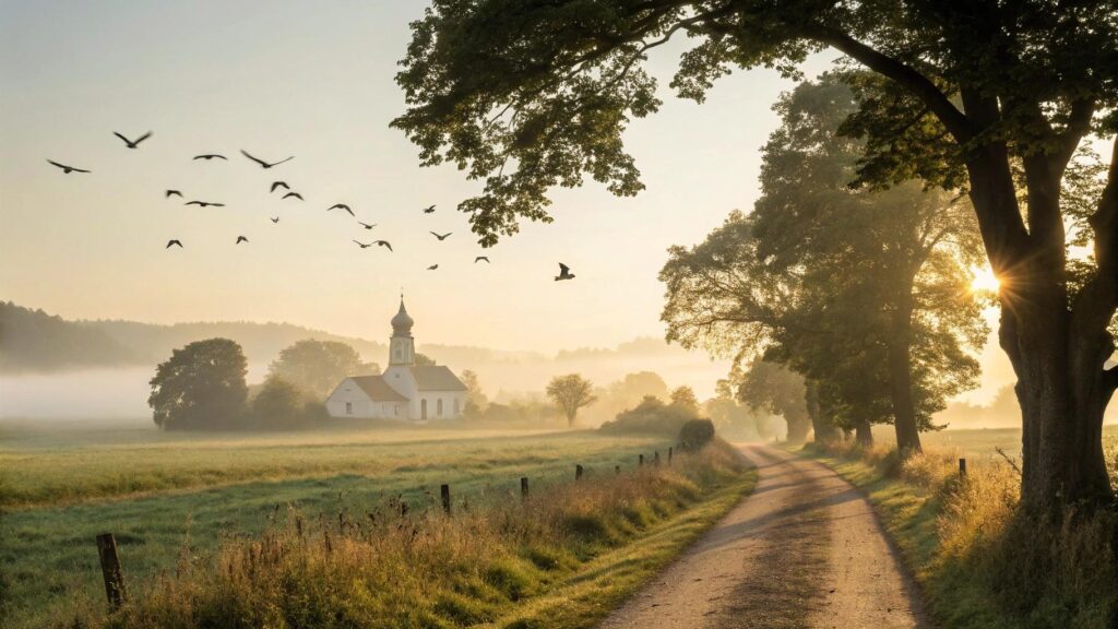 Cena de manhã tranquila com luz dourada, caminho rural levando a uma igreja ao fundo