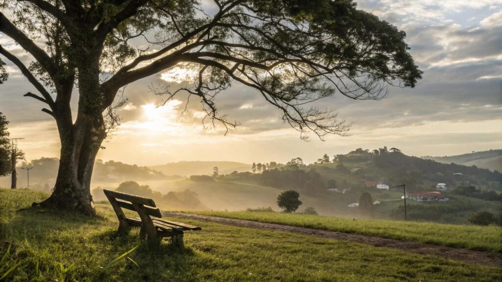 Cenário de manhã tranquila em uma vila rural brasileira com luz suave e atmosfera de paz