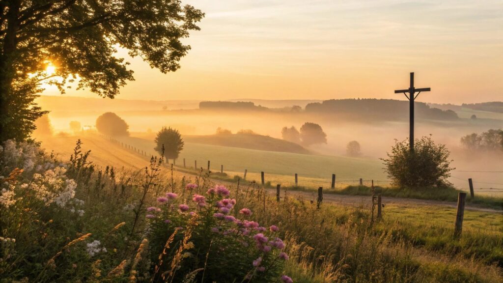 Imagem de um nascer do sol tranquilo no campo com uma cruz de madeira ao fundo, flores e neblina suave representando uma manhã evangélica abençoada
