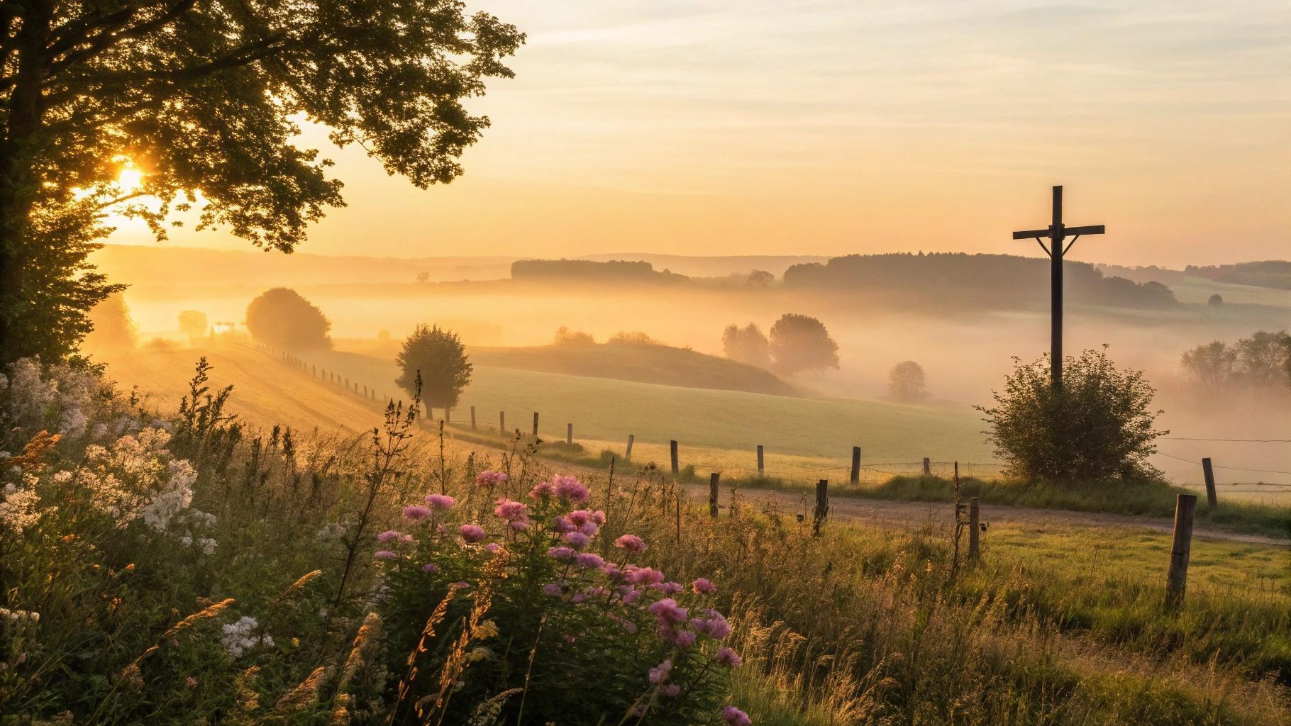 Imagem de um nascer do sol tranquilo no campo com uma cruz de madeira ao fundo, flores e neblina suave representando uma manhã evangélica abençoada