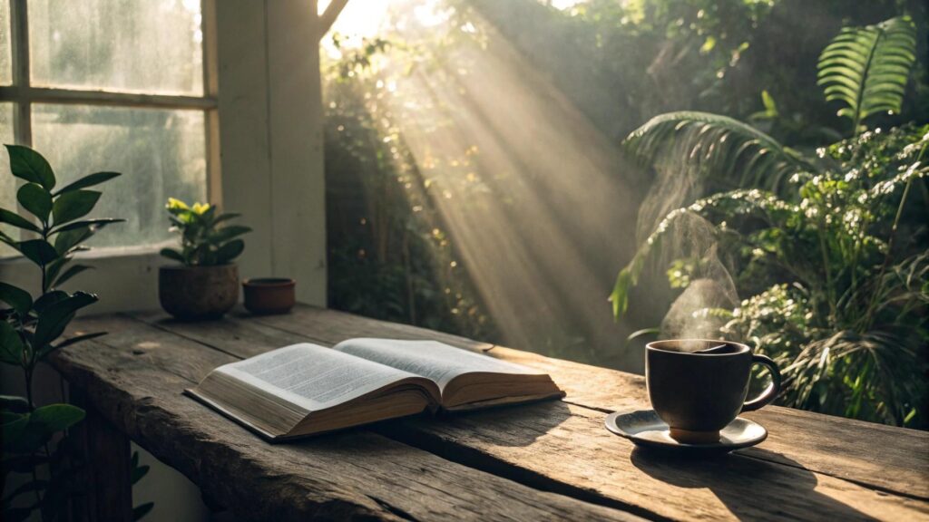 Imagem de uma manhã tranquila com luz solar suave, Bíblia aberta e café em uma mesa rústica