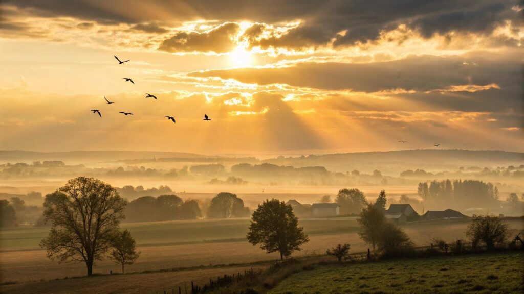 paisagem ao amanhecer com luz dourada e atmosfera de paz, representando fé e esperança para começar a semana
