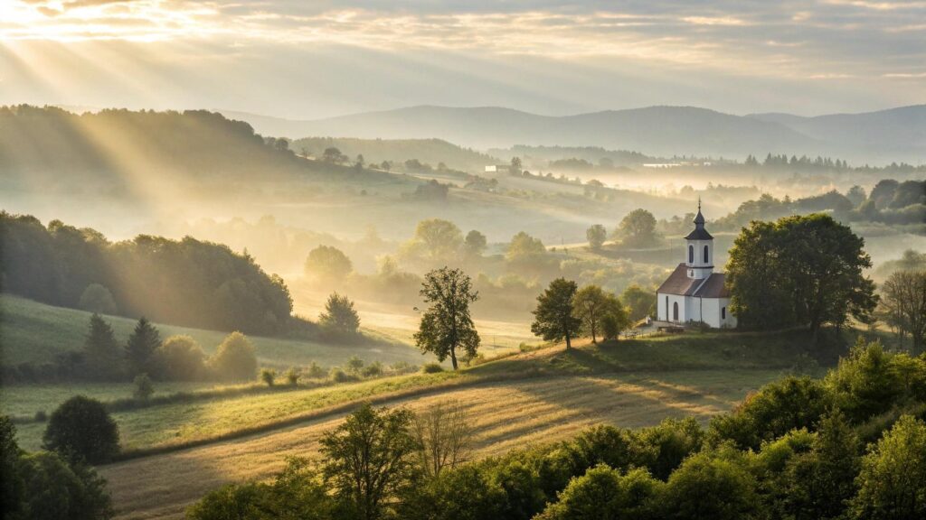 Imagem de uma paisagem campestre iluminada pela luz da manhã com uma igreja ao fundo, representando fé, ânimo e direção espiritual