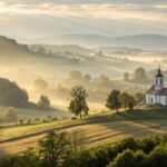 Imagem de uma paisagem campestre iluminada pela luz da manhã com uma igreja ao fundo, representando fé, ânimo e direção espiritual