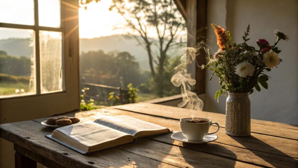 Cena de manhã tranquila com Bíblia aberta, café quente e flores ao amanhecer