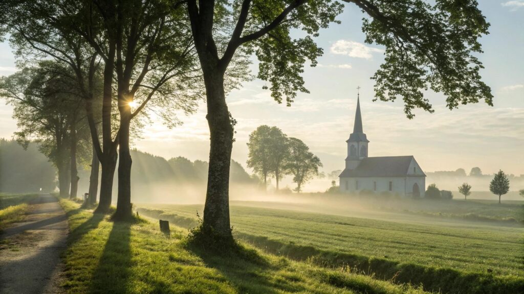 paisagem serena de manhã com igreja ao fundo e atmosfera de fé cristã e esperança