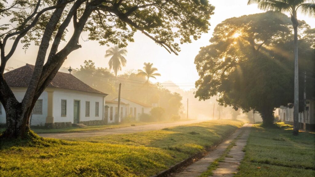 Cenário de uma manhã tranquila em Tucuruí com luz dourada e clima sereno