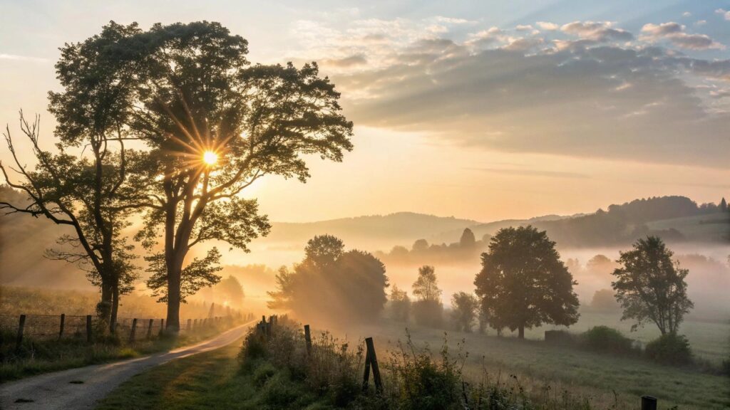 Imagem de um amanhecer tranquilo com raios solares passando suavemente por entre árvores