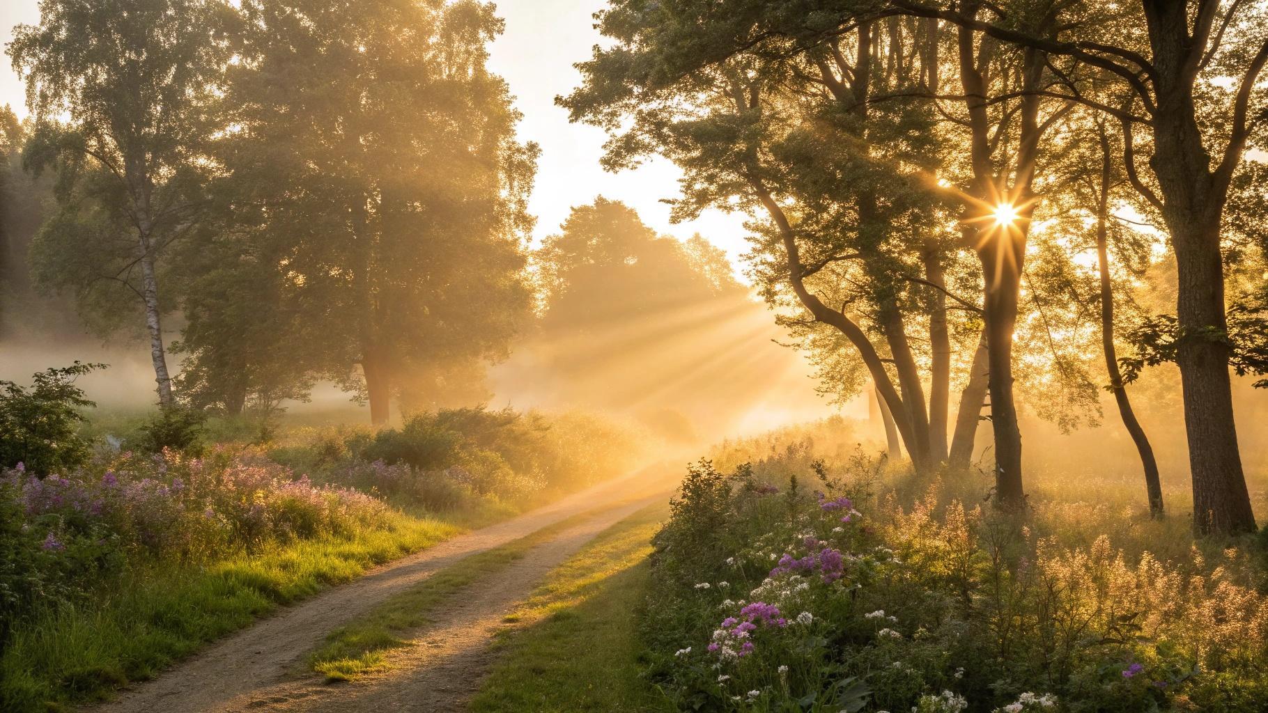Paisagem serena de manhã com luz dourada e caminho entre árvores e flores