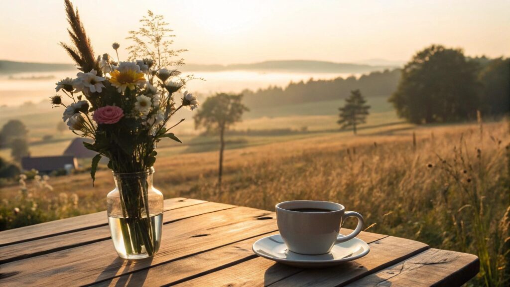 Imagem de um nascer do sol no campo com café e flores, transmitindo inspiração e boas energias