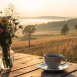 Imagem de um nascer do sol no campo com café e flores, transmitindo inspiração e boas energias