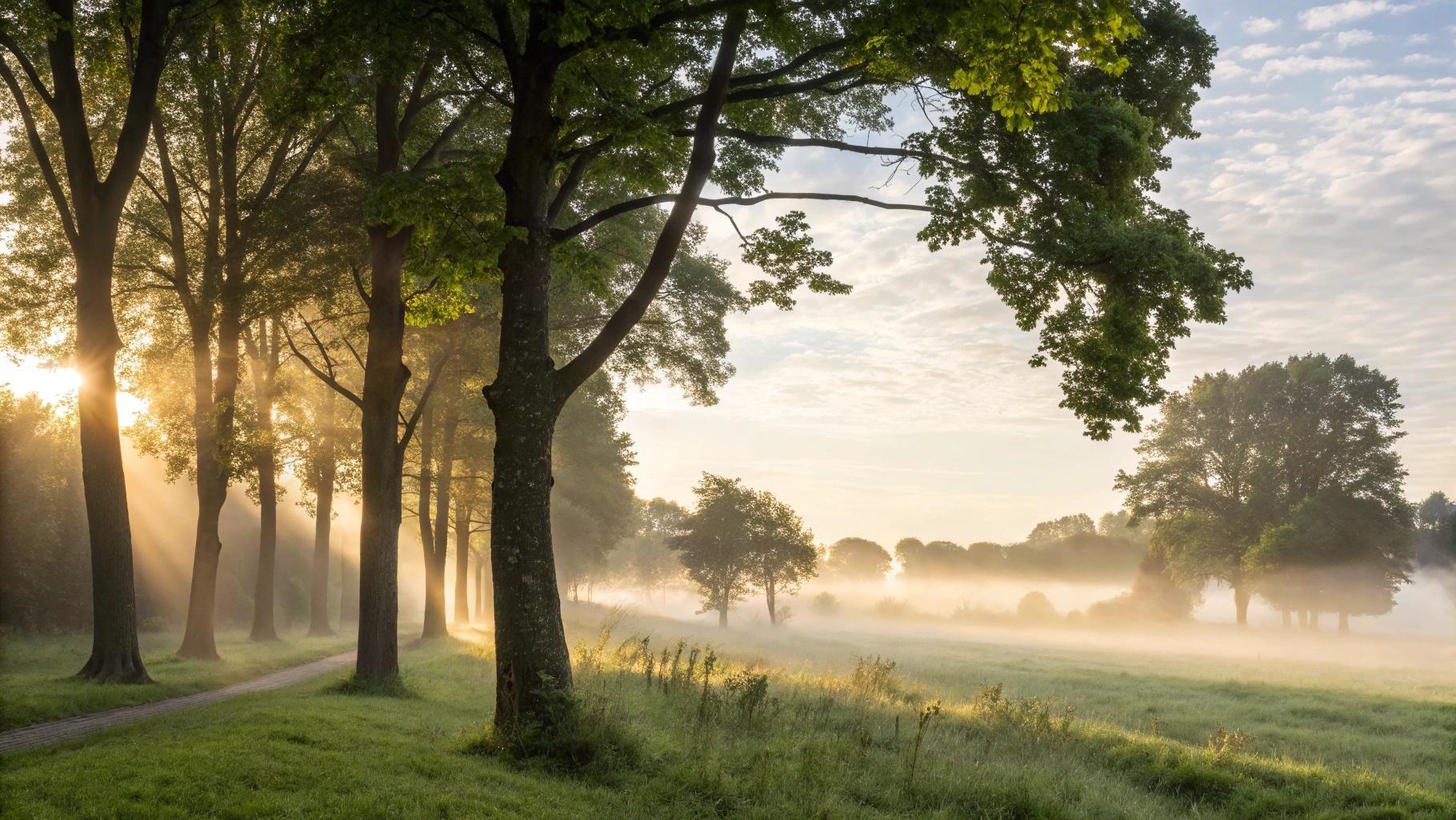 Cena de manhã tranquila e inspiradora de domingo com luz suave do sol, simbolizando fé, reflexão e renovação