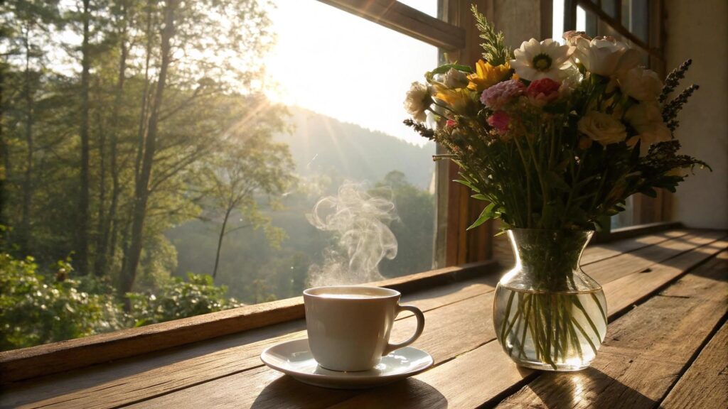 Cena serena de manhã de domingo com luz do sol, café e flores transmitindo fé e inspiração