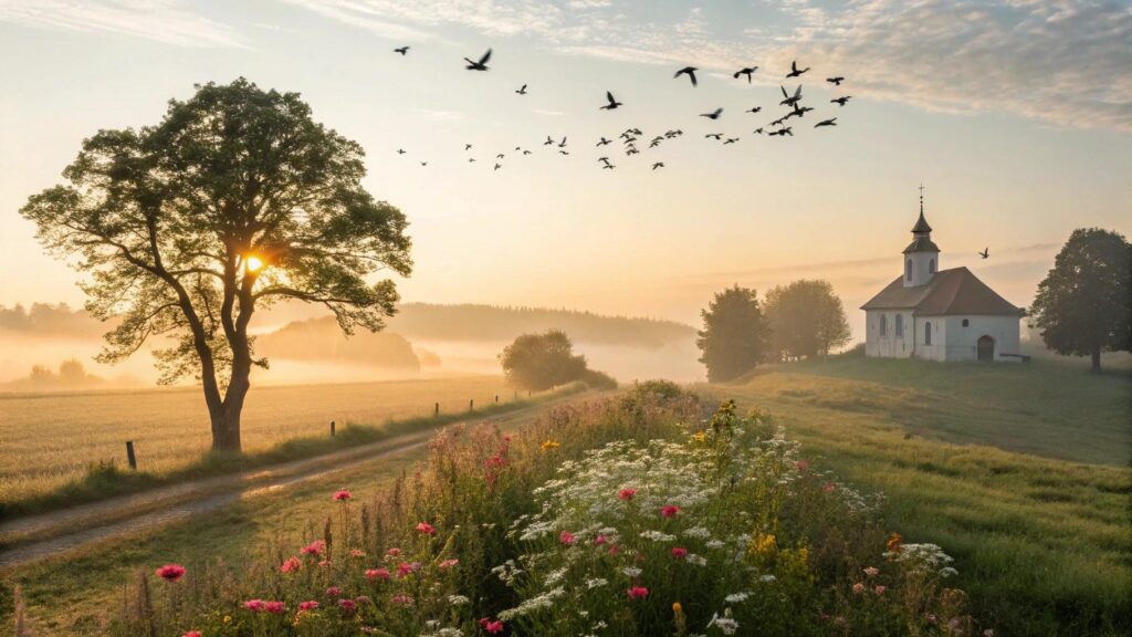 Mensagem de bom dia com paisagem campestre, luz dourada e atmosfera de fé e esperança para grupos religiosos