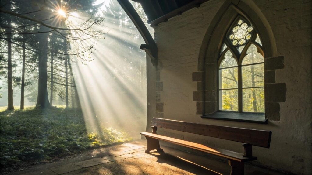 Imagem de uma capela no campo ao amanhecer com luz suave entrando pela janela, transmitindo fé, esperança e paz