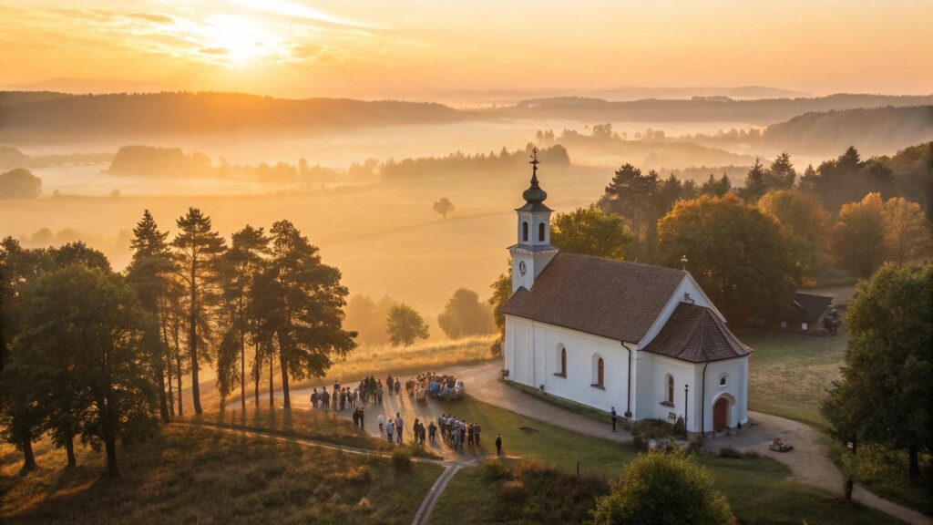 Cena de nascer do sol em um campo com igreja e pessoas reunidas em harmonia