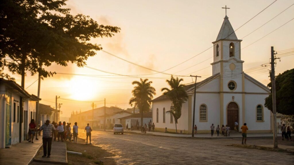 Cena de manhã tranquila em uma cidade brasileira com pessoas reunidas em frente a uma igreja