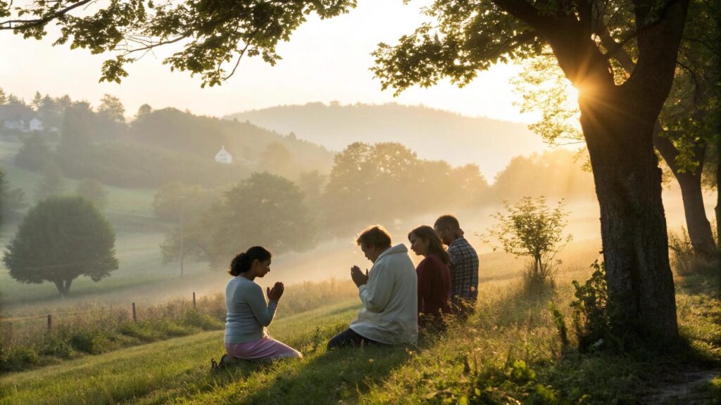 imagem de bom dia com pessoas reunidas em oração ao ar livre em uma paisagem tranquila