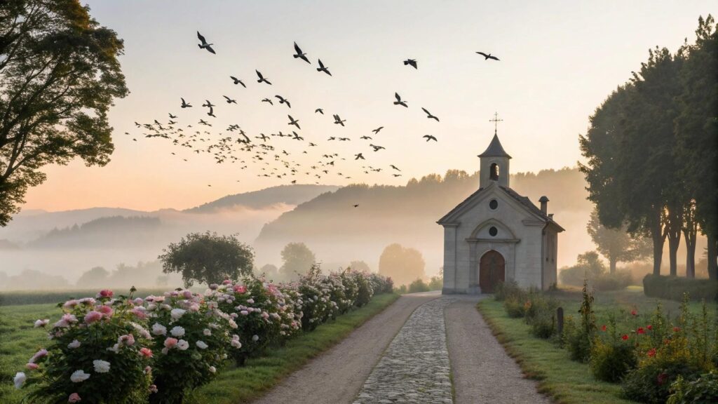 Imagem de uma capela campestre ao amanhecer com névoa suave e flores, representando uma manhã espiritual