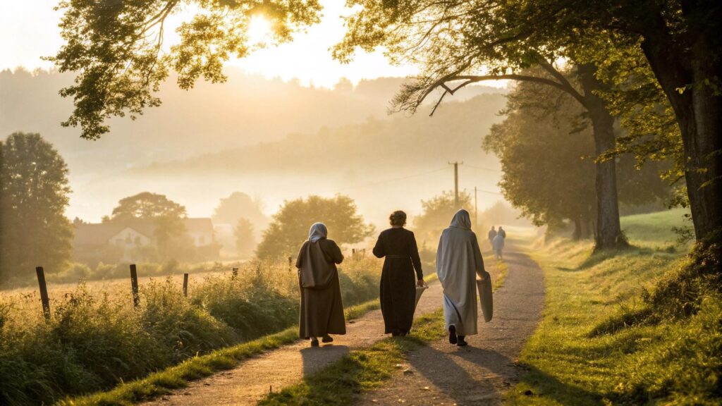 Cena de manhã tranquila com pessoas caminhando em união e paz em um cenário natural, simbolizando fé e esperança renovada