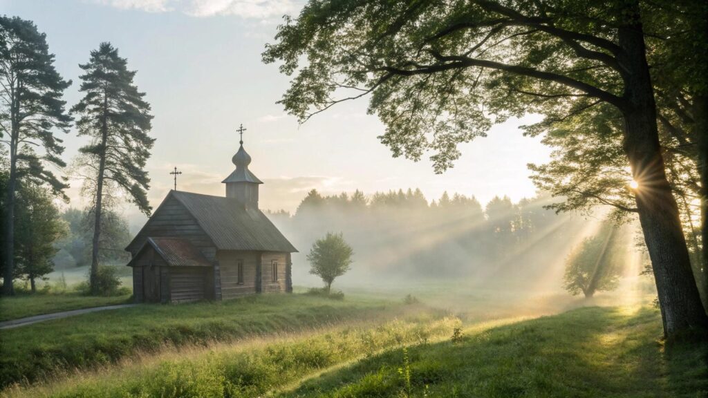 Imagem de um amanhecer tranquilo com uma igreja de madeira no campo, transmitindo paz e espiritualidade