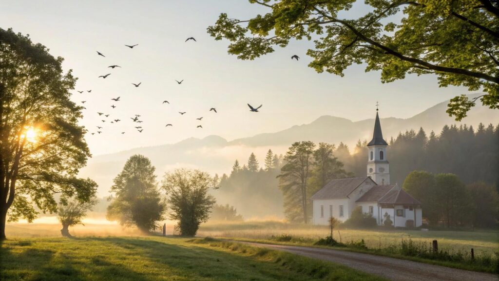 Cenário de manhã de sábado com luz do sol suave, igreja ao fundo e paisagem serena representando fé e inspiração