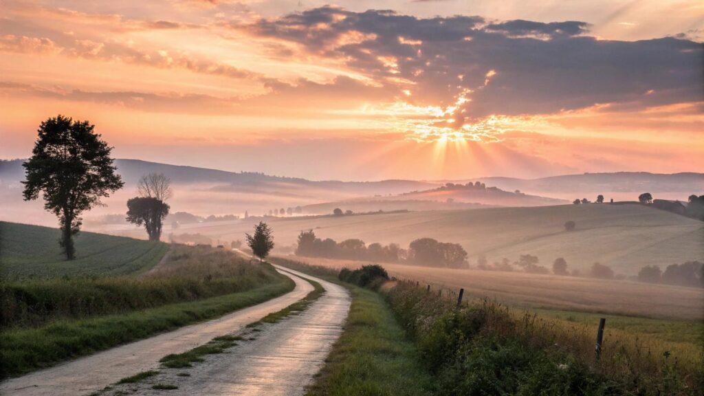 amanhecer tranquilo em uma paisagem campestre com luz suave simbolizando fé e reflexão espiritual