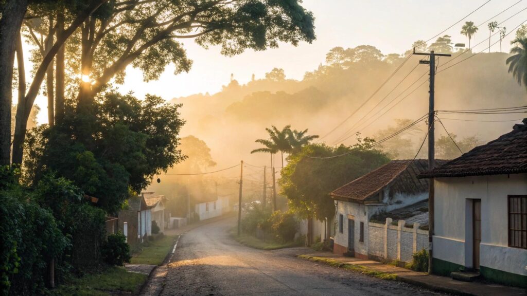 Imagem de uma manhã tranquila em Tucuruí com luz do sol suave entre as árvores