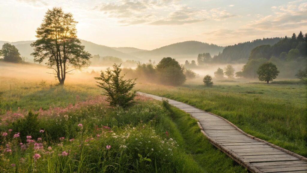 Cena de paisagem matinal serena com luz suave do nascer do sol, flores desabrochando e caminho de madeira em meio a um campo verde