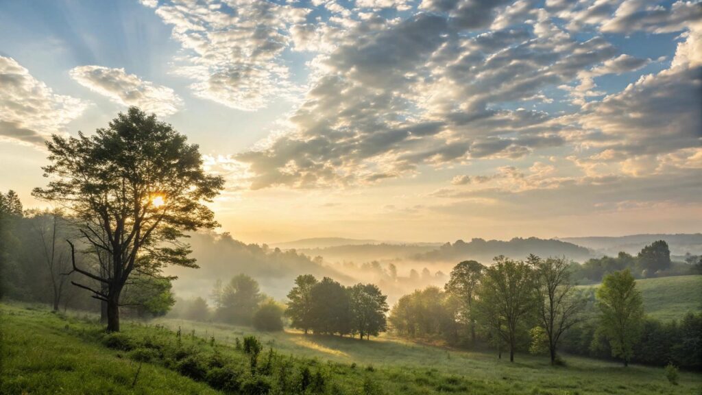 Paisagem tranquila de manhã representando fé, esperança e inspiração para quinta-feira 12/06/2025