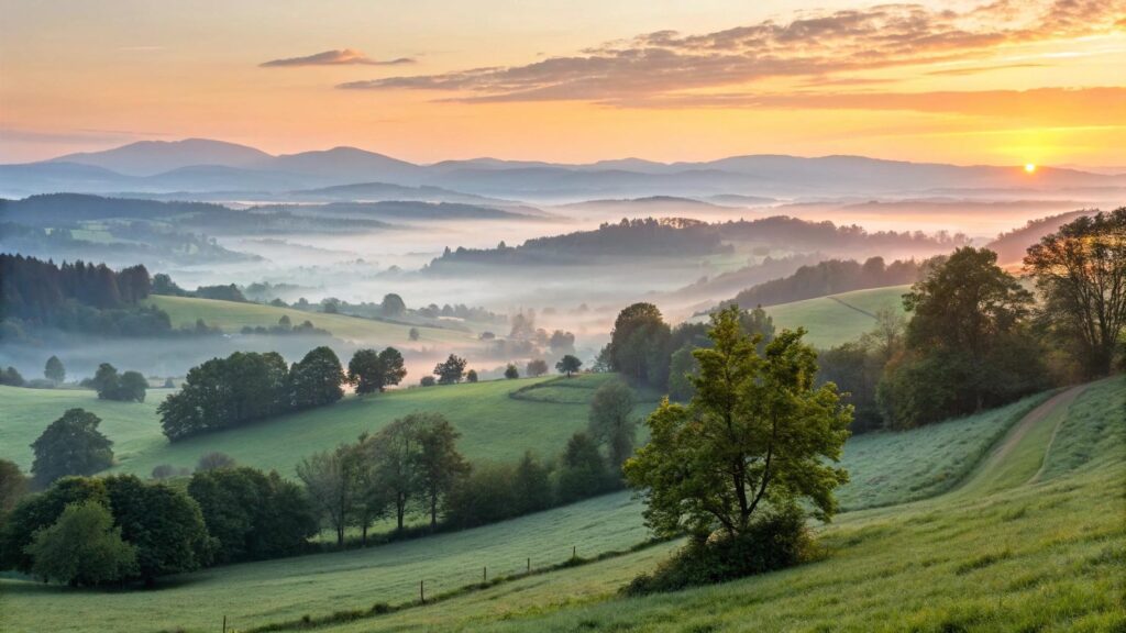 Paisagem campestre ao amanhecer transmitindo fé, reflexão e inspiração para uma jornada iluminada