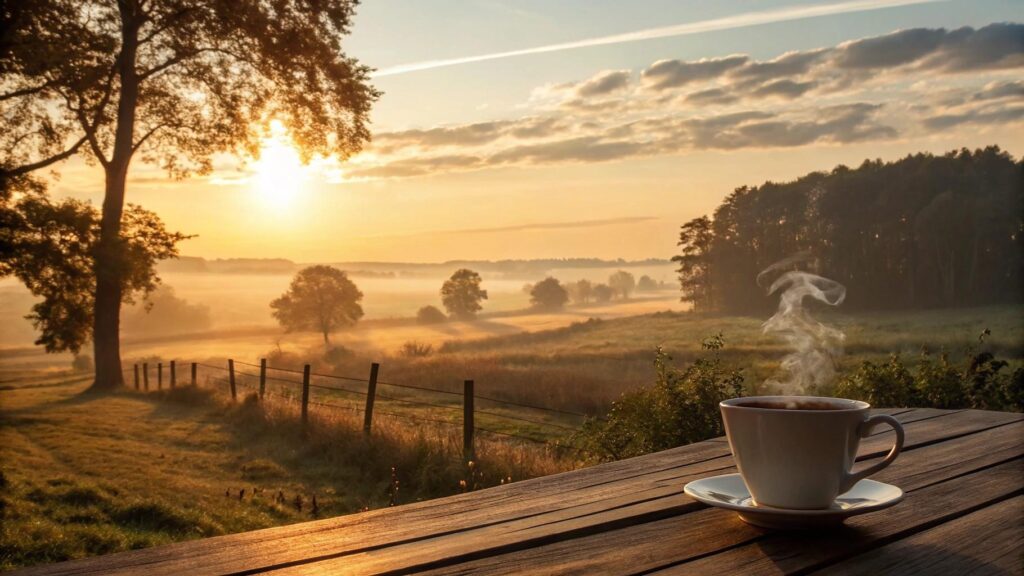 Amanhecer tranquilo em uma paisagem rural com luz suave e uma xícara de café sobre a mesa