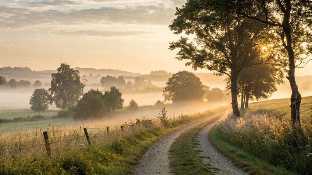 Imagem de um amanhecer tranquilo no campo, com luz suave, árvores e clima de inspiração e fé