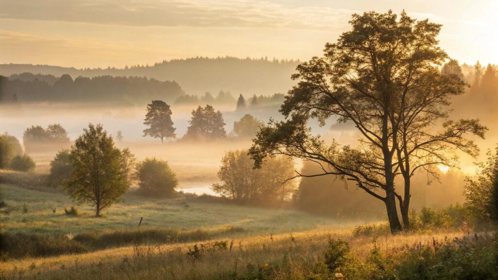 paisagem serena de manhã com luz dourada filtrando entre árvores, simbolizando fé, inspiração e luz para começar bem o dia